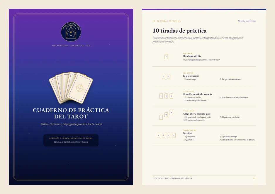 Tapa e interior del Cuaderno de práctica del Tarot
