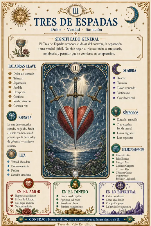 Ficha ilustrada de Tres de Espadas